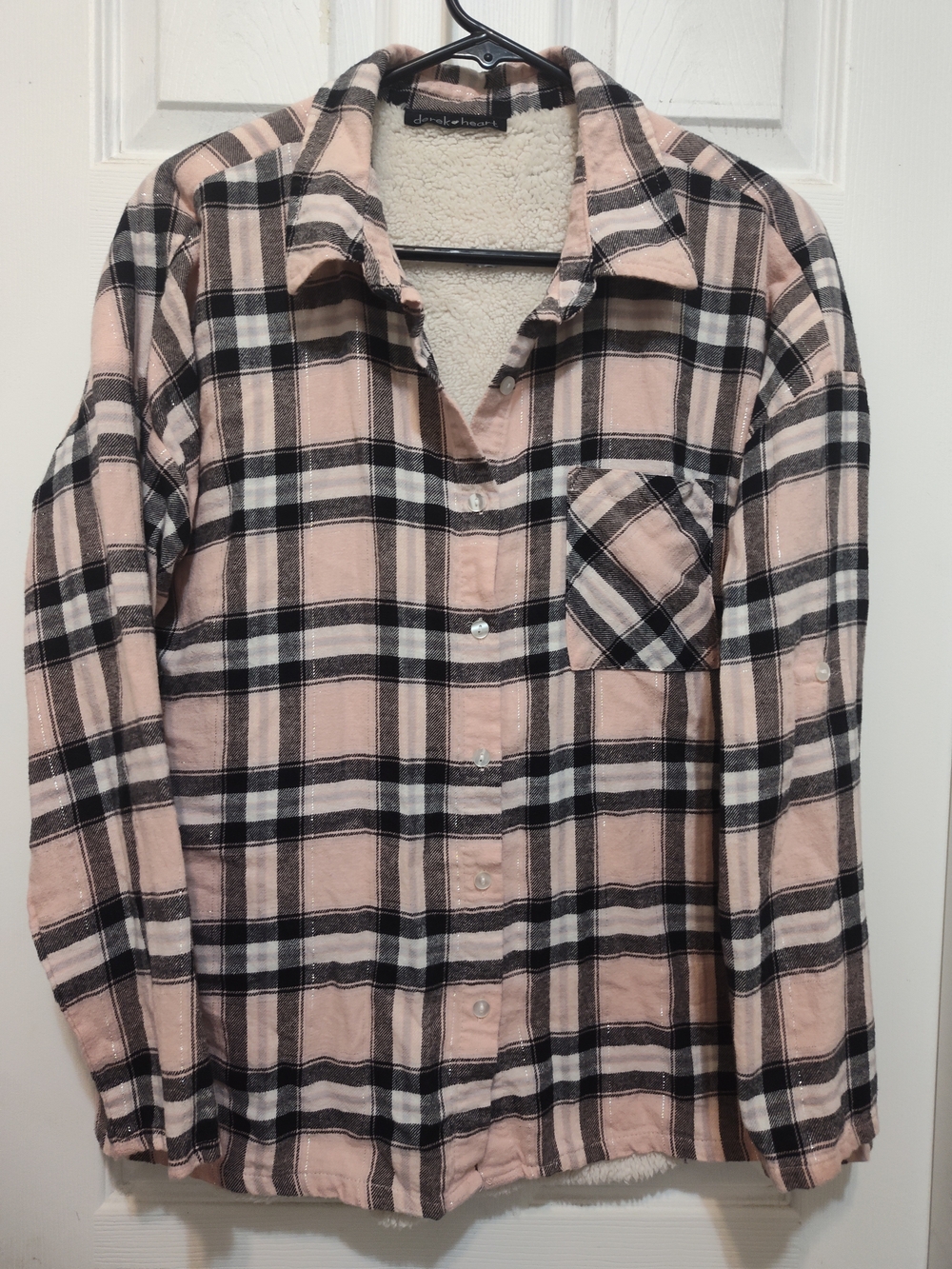Derek Heart Pink and Black Plaid Sherpa-Lined Top